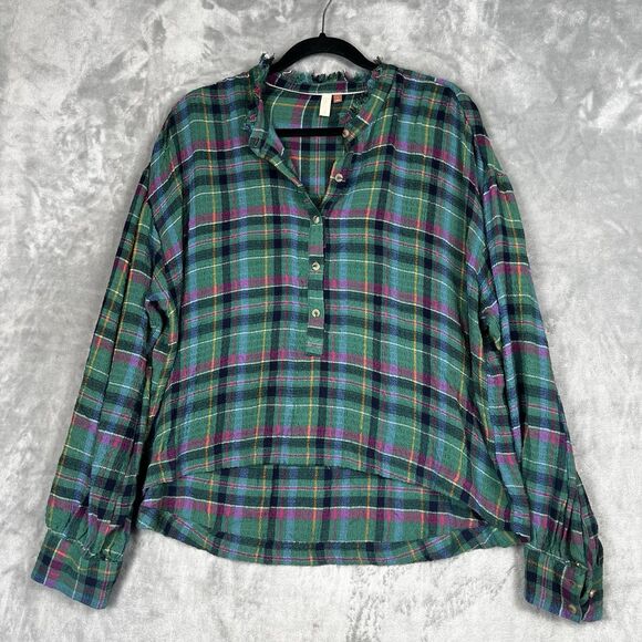 Anthropologie Pilcro Plaid Blouse Cropped Puff-Sleeve Soft Crinkle Green   Large - Picture 1 of 8